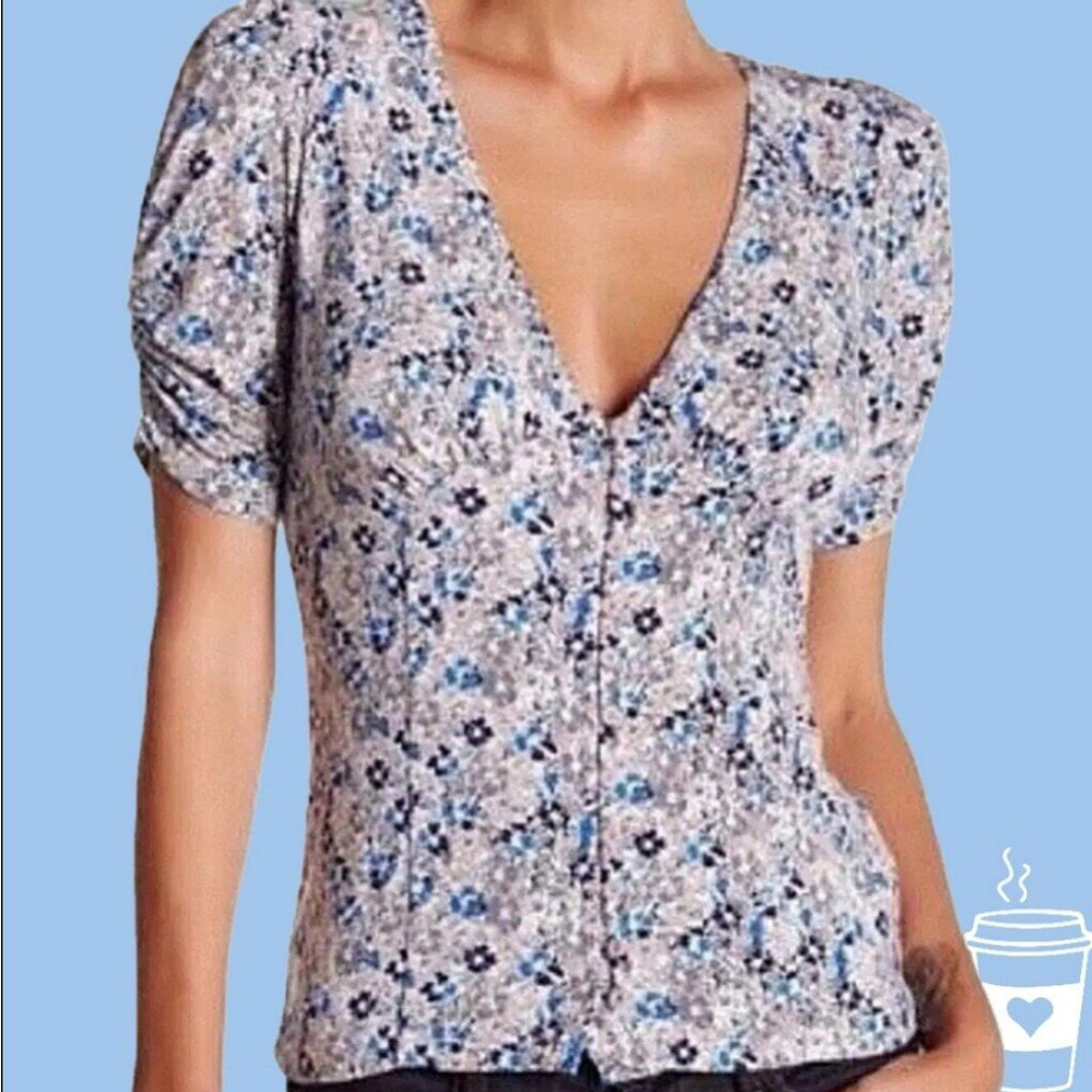 Free People Floral Blouse in Blue and Gray
